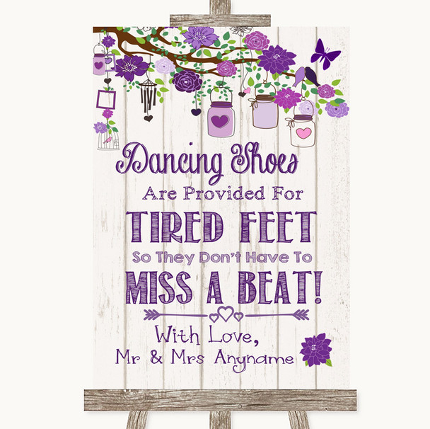 Purple Rustic Wood Dancing Shoes Flip-Flop Tired Feet Personalised Wedding Sign