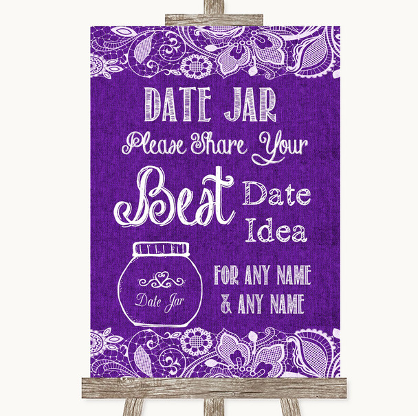 Purple Burlap & Lace Date Jar Guestbook Personalised Wedding Sign