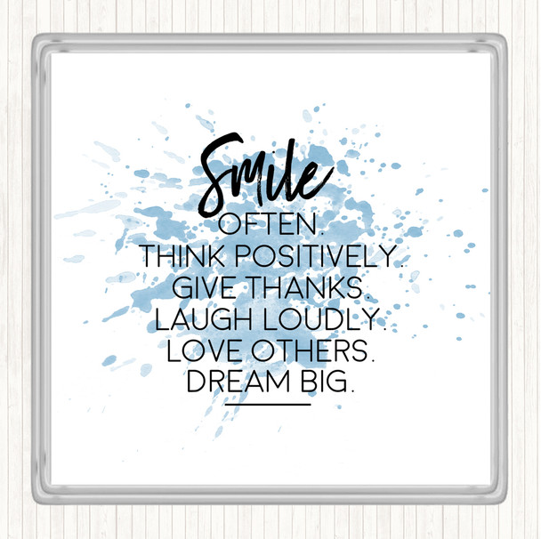 Blue White Smile Often Inspirational Quote Drinks Mat Coaster