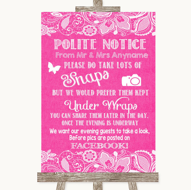 Bright Pink Burlap & Lace Don't Post Photos Facebook Personalised Wedding Sign