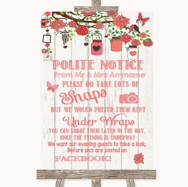 Coral Rustic Wood Don't Post Photos Facebook Personalised Wedding Sign