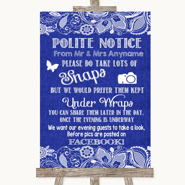 Navy Blue Burlap & Lace Don't Post Photos Facebook Personalised Wedding Sign