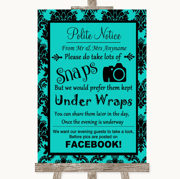 Turquoise Damask Don't Post Photos Facebook Personalised Wedding Sign