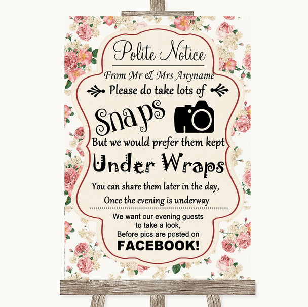 Vintage Roses Don't Post Photos Facebook Personalised Wedding Sign