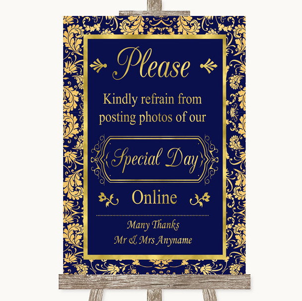 Blue & Gold Don't Post Photos Online Social Media Personalised Wedding Sign