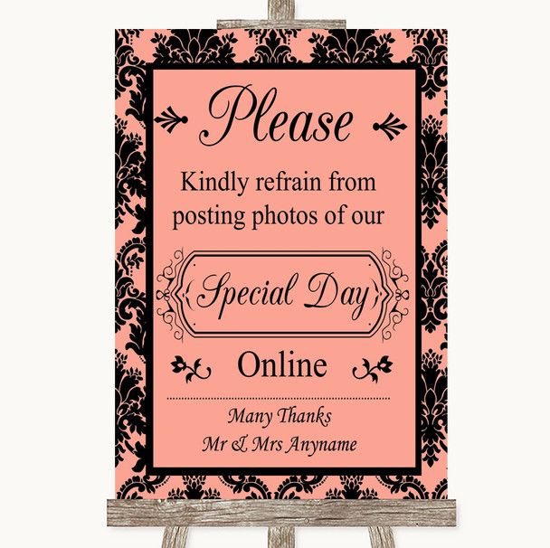 Coral Damask Don't Post Photos Online Social Media Personalised Wedding Sign