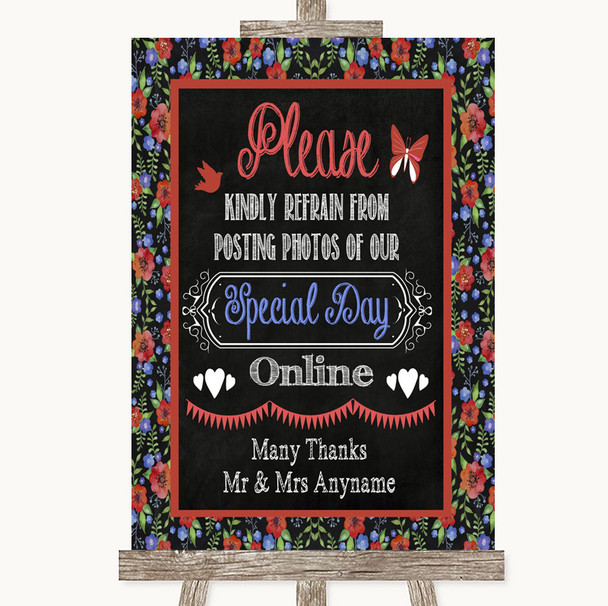 Floral Chalk Don't Post Photos Online Social Media Personalised Wedding Sign