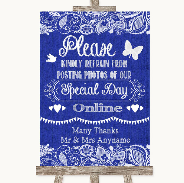 Navy Blue Burlap & Lace Don't Post Photos Online Social Media Wedding Sign