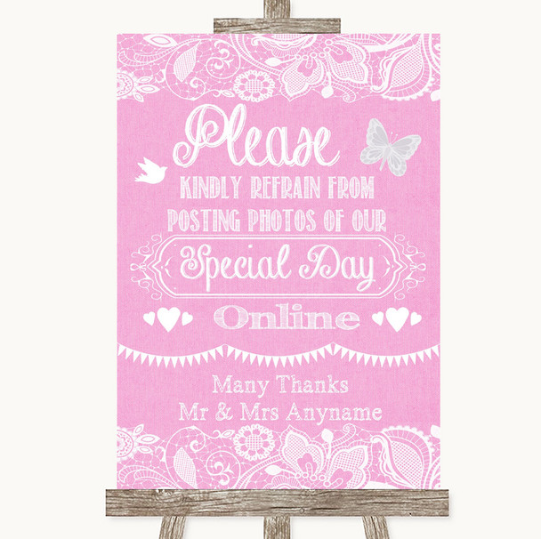 Pink Burlap & Lace Don't Post Photos Online Social Media Wedding Sign