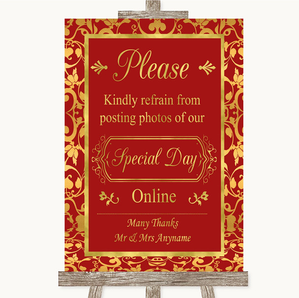 Red & Gold Don't Post Photos Online Social Media Personalised Wedding Sign