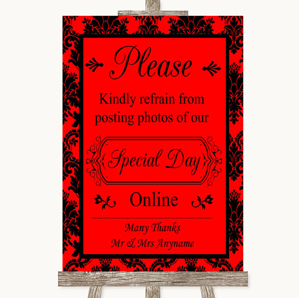 Red Damask Don't Post Photos Online Social Media Personalised Wedding Sign