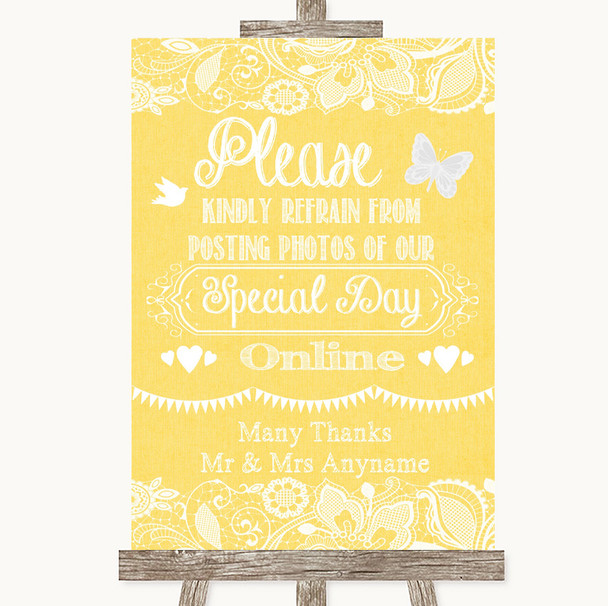 Yellow Burlap and Lace Don't Post Photos Online Social Media Wedding Sign