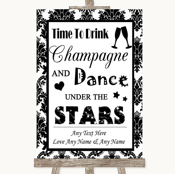 Black and White Damask Drink Champagne Dance Stars Personalised Wedding Sign