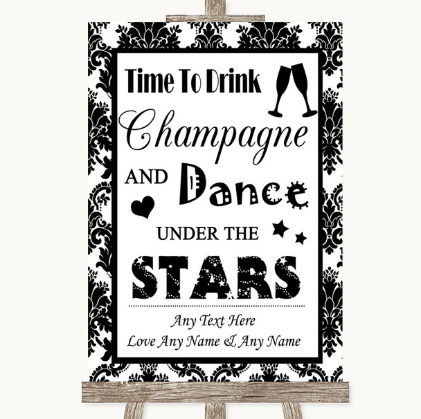 Black & White Damask Drink Champagne Dance Stars Personalised Wedding Sign