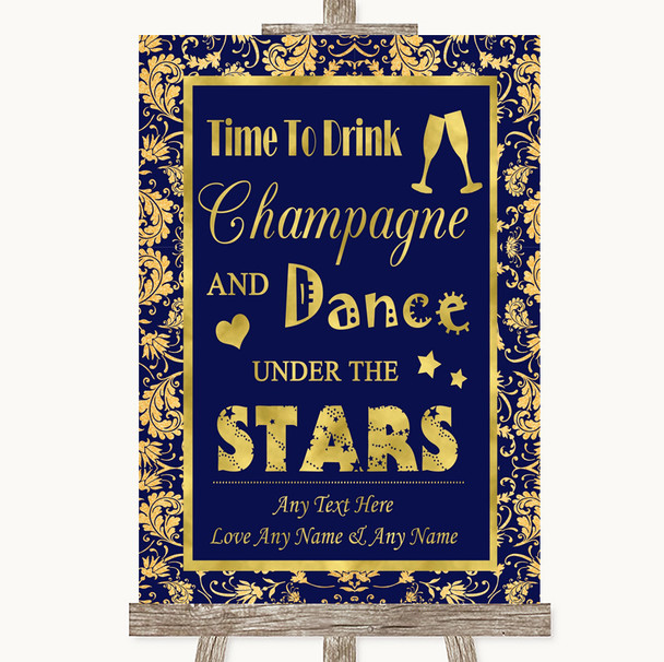 Blue & Gold Drink Champagne Dance Stars Personalised Wedding Sign