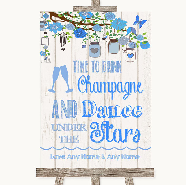 Blue Rustic Wood Drink Champagne Dance Stars Personalised Wedding Sign