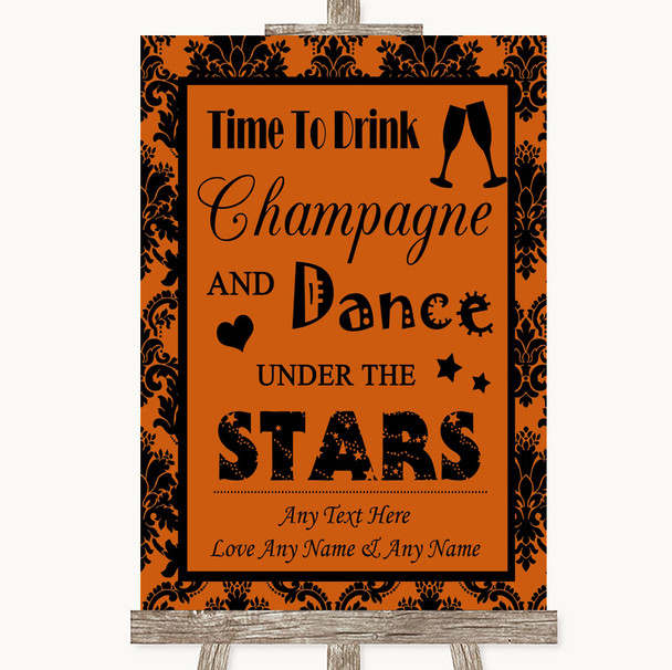Burnt Orange Damask Drink Champagne Dance Stars Personalised Wedding Sign