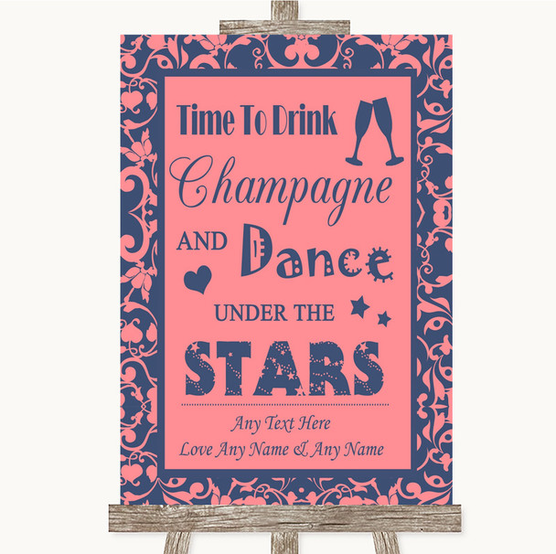 Coral Pink & Blue Drink Champagne Dance Stars Personalised Wedding Sign