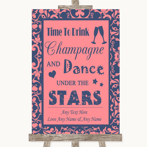 Coral Pink and Blue Drink Champagne Dance Stars Personalised Wedding Sign