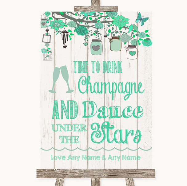 Green Rustic Wood Drink Champagne Dance Stars Personalised Wedding Sign