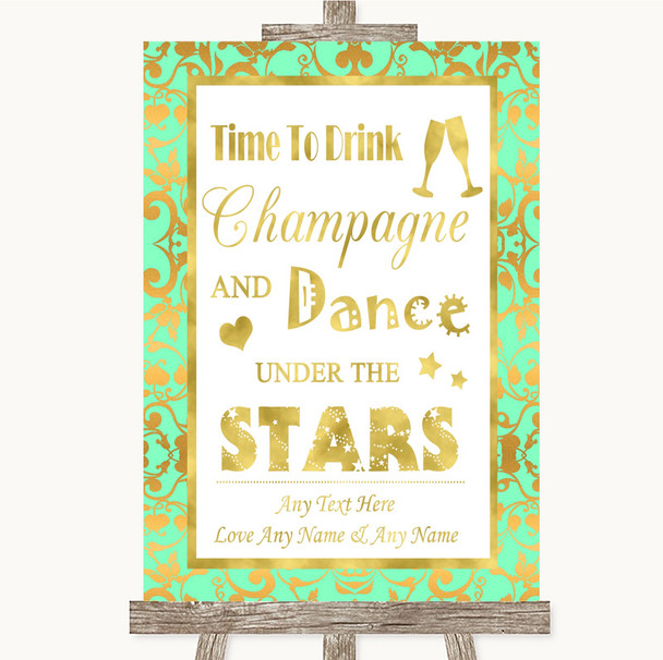 Mint Green & Gold Drink Champagne Dance Stars Personalised Wedding Sign