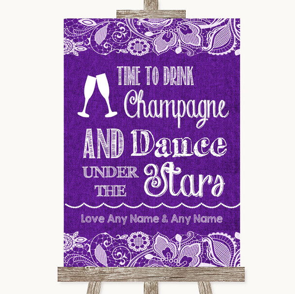 Purple Burlap & Lace Drink Champagne Dance Stars Personalised Wedding Sign