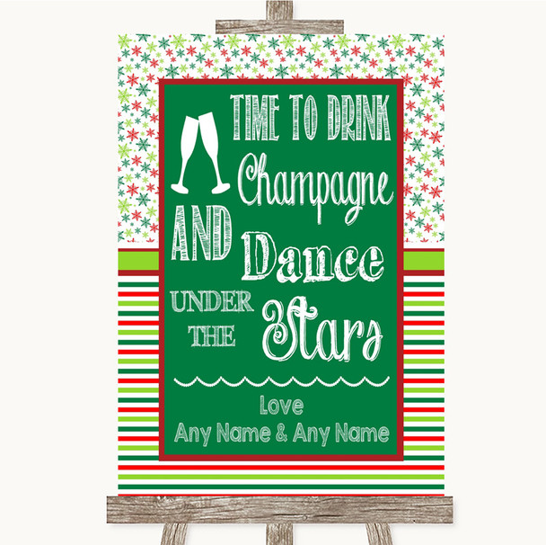 Red and Green Winter Drink Champagne Dance Stars Personalised Wedding Sign