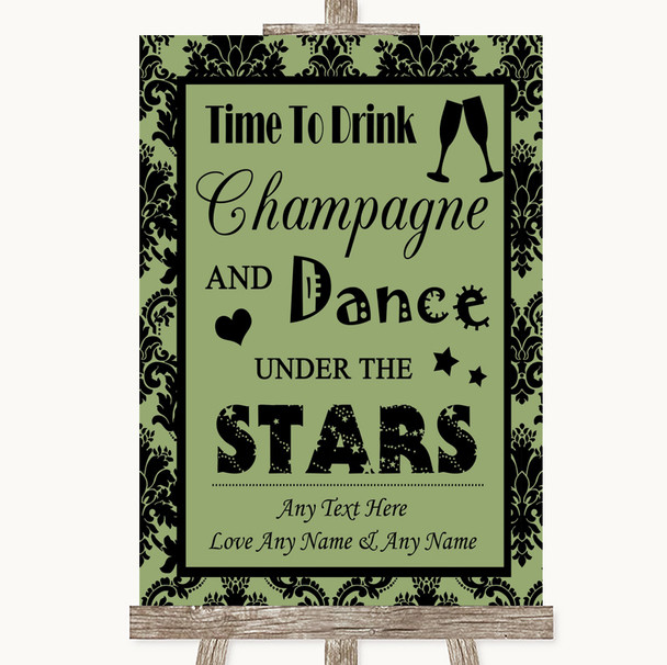 Sage Green Damask Drink Champagne Dance Stars Personalised Wedding Sign