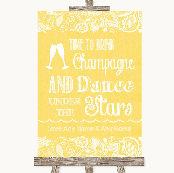 Yellow Burlap & Lace Drink Champagne Dance Stars Personalised Wedding Sign