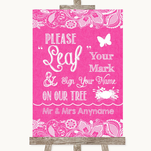 Bright Pink Burlap and Lace Fingerprint Tree Instructions Wedding Sign