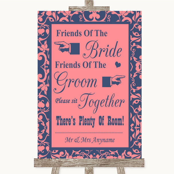 Coral Pink & Blue Friends Of The Bride Groom Seating Personalised Wedding Sign