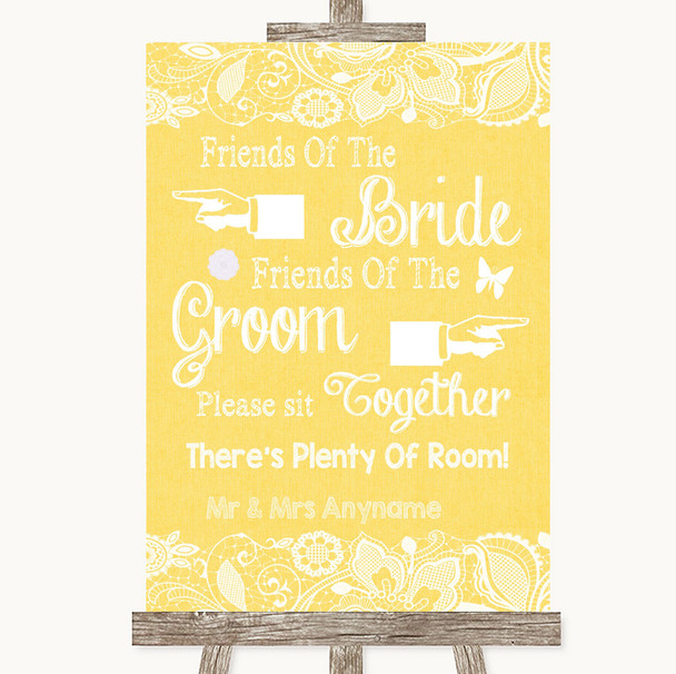 Yellow Burlap & Lace Friends Of The Bride Groom Seating Wedding Sign