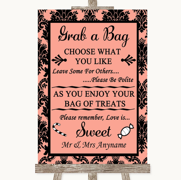 Coral Damask Grab A Bag Candy Buffet Cart Sweets Personalised Wedding Sign