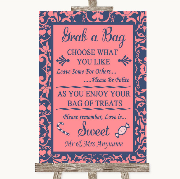 Coral Pink & Blue Grab A Bag Candy Buffet Cart Sweets Personalised Wedding Sign