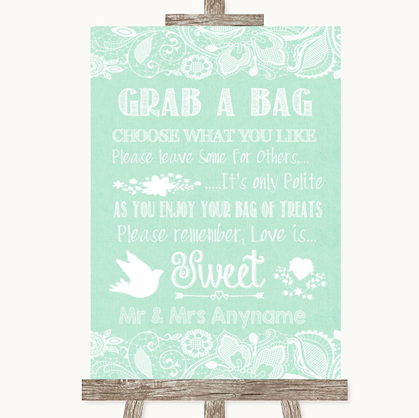 Green Burlap and Lace Grab A Bag Candy Buffet Cart Sweets Wedding Sign