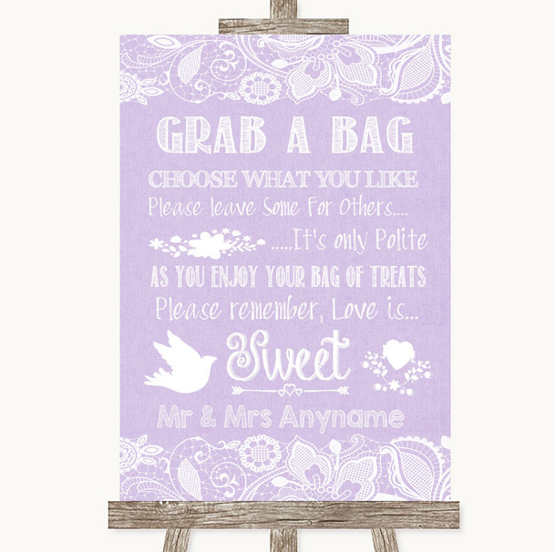 Lilac Burlap and Lace Grab A Bag Candy Buffet Cart Sweets Wedding Sign