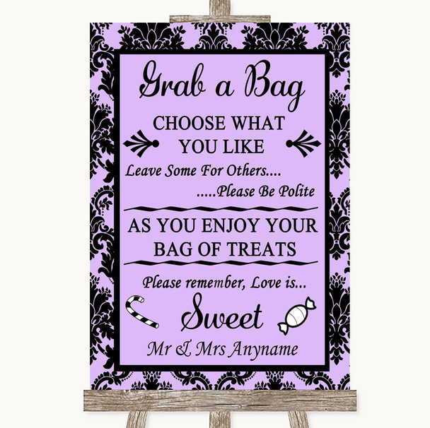 Lilac Damask Grab A Bag Candy Buffet Cart Sweets Personalised Wedding Sign