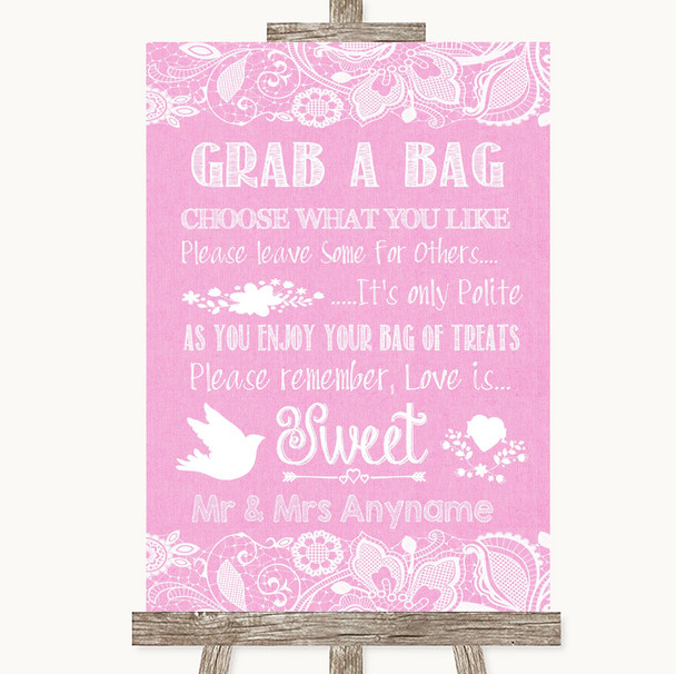 Pink Burlap & Lace Grab A Bag Candy Buffet Cart Sweets Personalised Wedding Sign