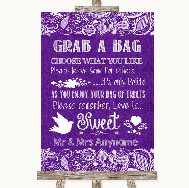 Purple Burlap & Lace Grab A Bag Candy Buffet Cart Sweets Wedding Sign