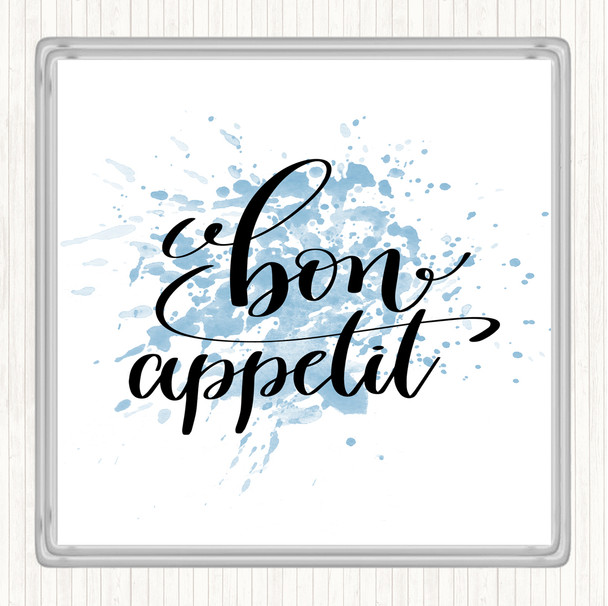 Blue White Bon Appetit Inspirational Quote Drinks Mat Coaster