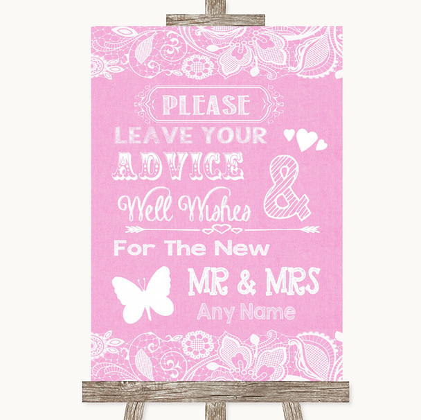 Pink Burlap & Lace Guestbook Advice & Wishes Mr & Mrs Personalised Wedding Sign