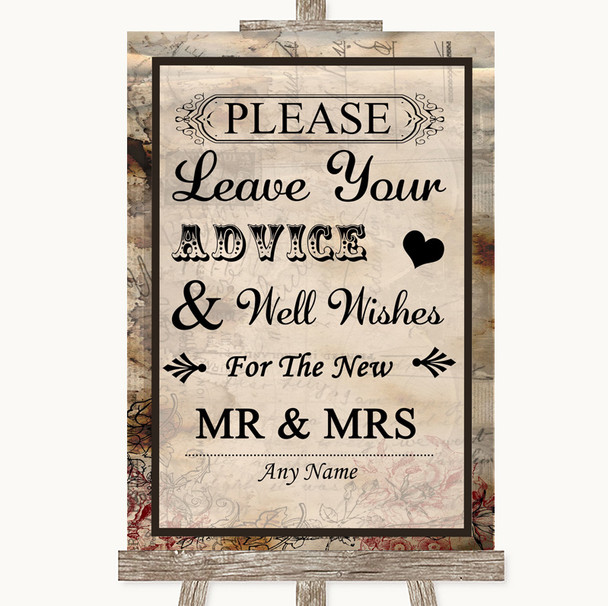 Vintage Guestbook Advice and Wishes Mr and Mrs Personalised Wedding Sign