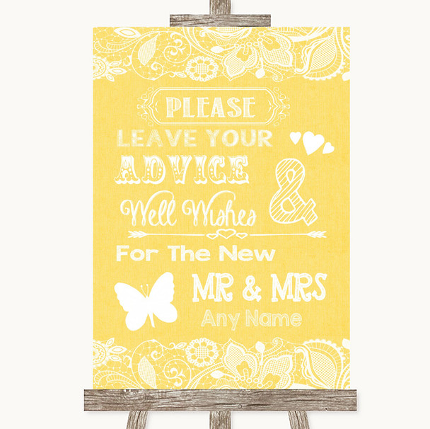 Yellow Burlap & Lace Guestbook Advice & Wishes Mr & Mrs Wedding Sign