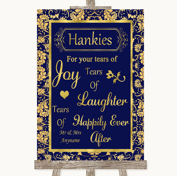 Blue & Gold Hankies And Tissues Personalised Wedding Sign