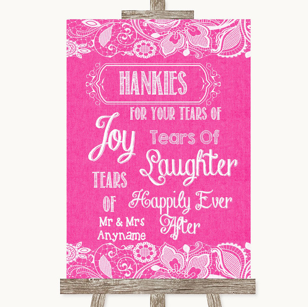 Bright Pink Burlap & Lace Hankies And Tissues Personalised Wedding Sign