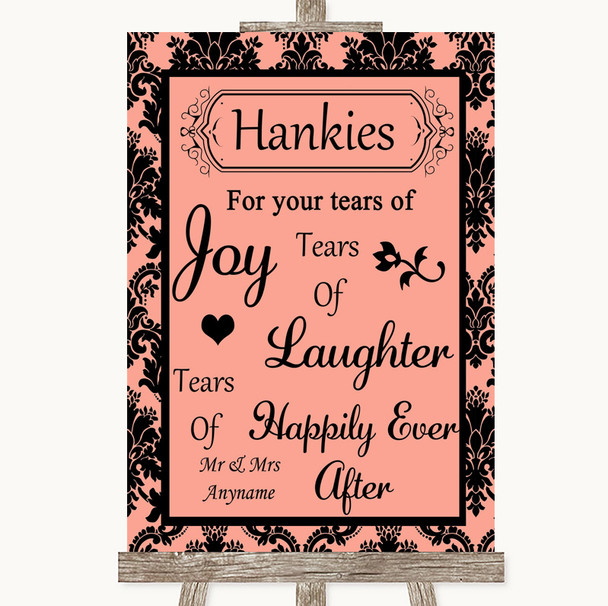 Coral Damask Hankies And Tissues Personalised Wedding Sign