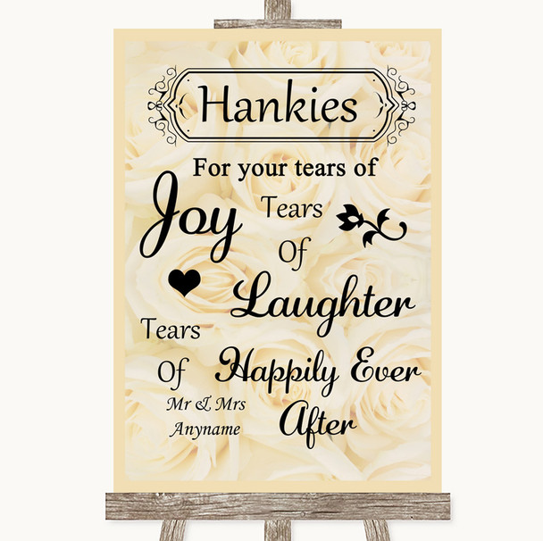 Cream Roses Hankies And Tissues Personalised Wedding Sign