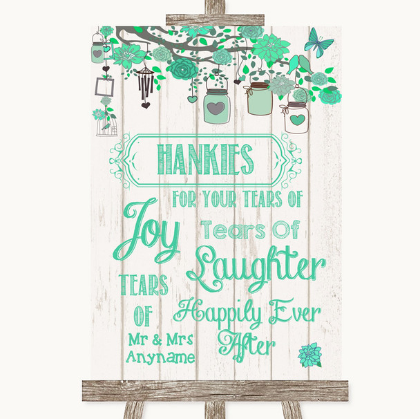 Green Rustic Wood Hankies And Tissues Personalised Wedding Sign