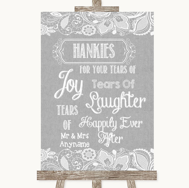 Grey Burlap & Lace Hankies And Tissues Personalised Wedding Sign