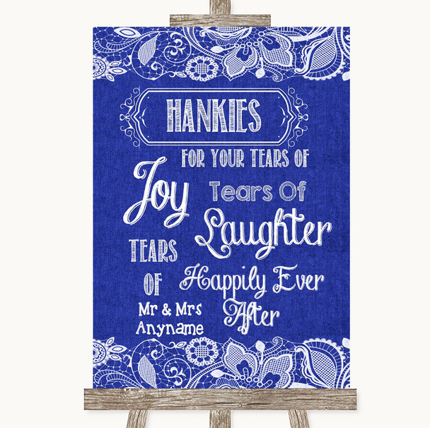 Navy Blue Burlap & Lace Hankies And Tissues Personalised Wedding Sign